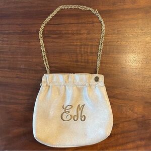 Vintage Cream Leather Kiss Lock Pouch Shoulder Bag Clutch Adjustable Chain
